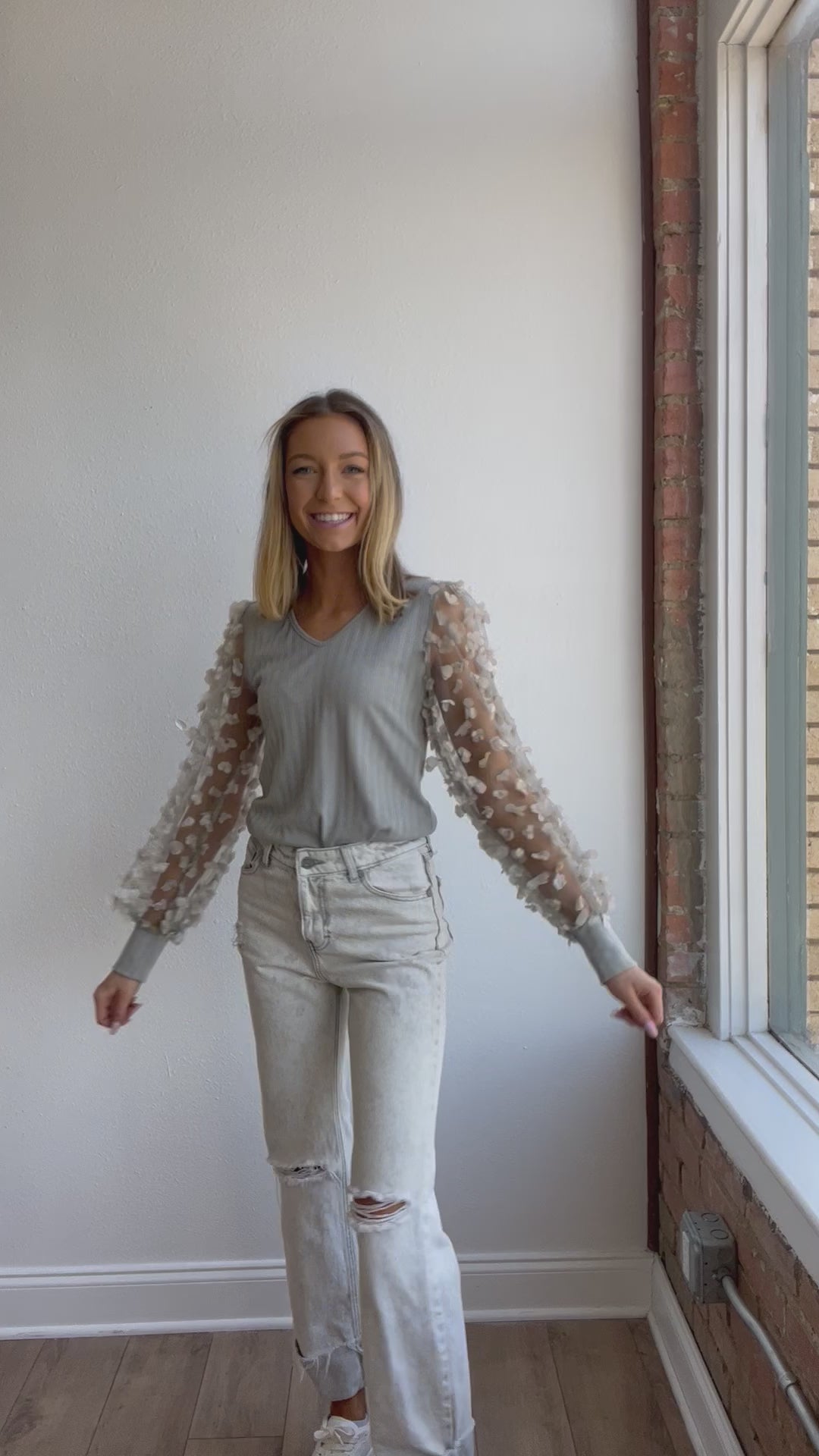 Love Blooms Grey Mesh Sleeve Top