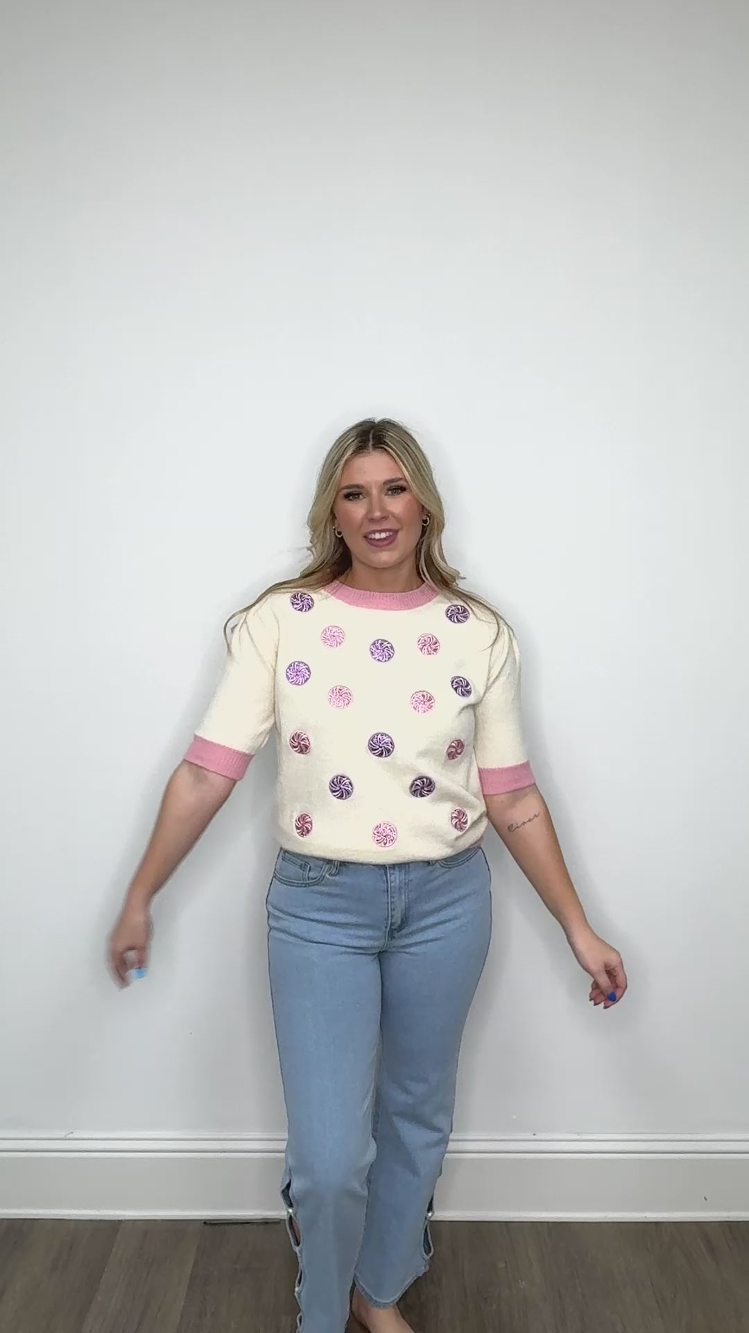 Glitter Peppermints on Puff Sleeve Knit Top