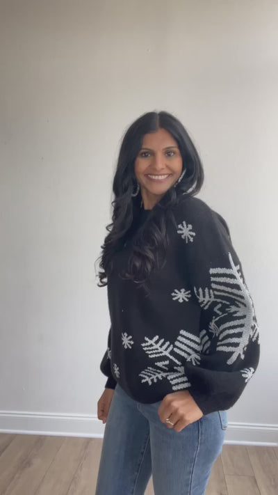 Nightfall Frost Black Sweater with Silver Snowflakes