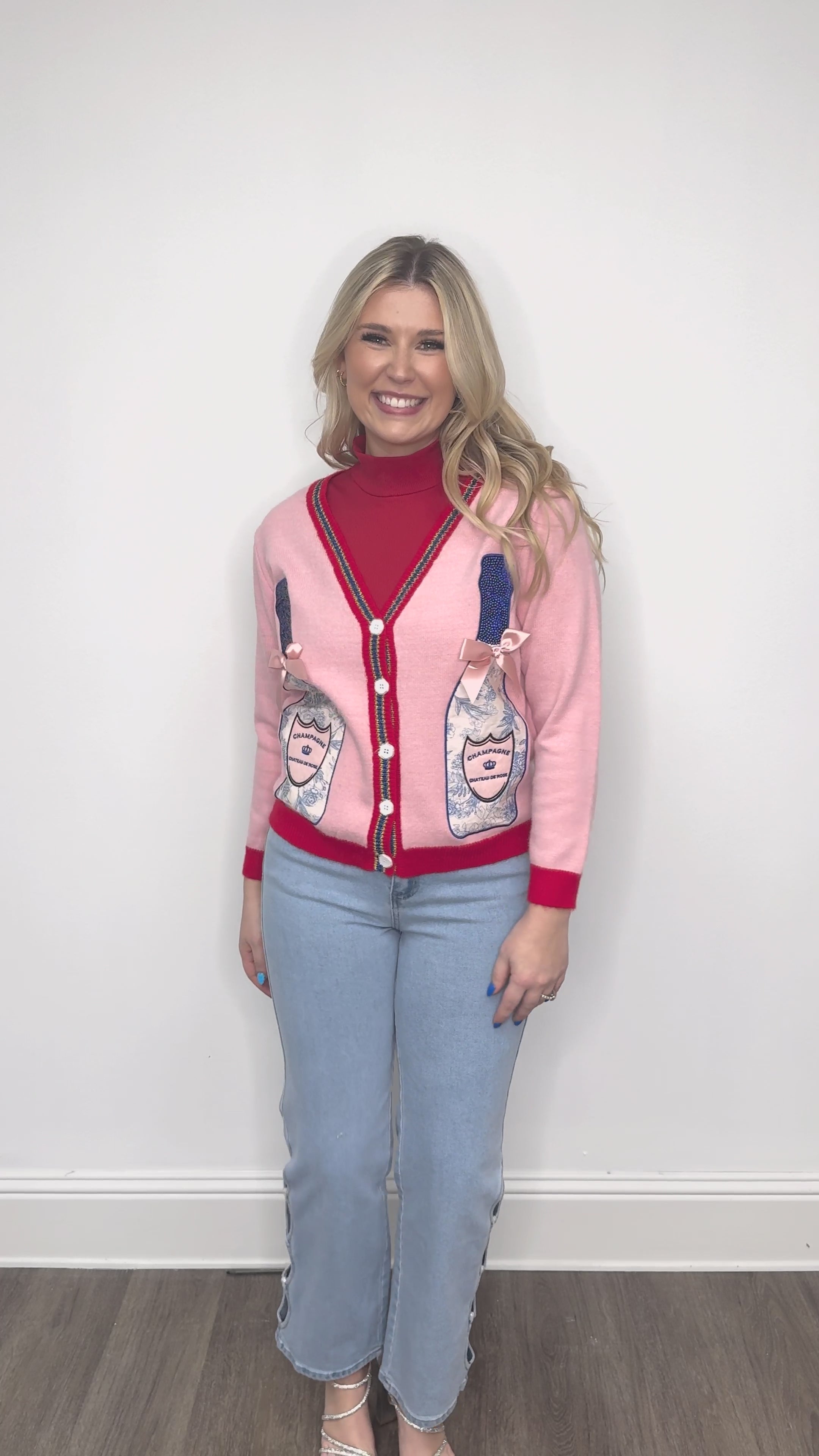 Pink Cardigan with Champagne Bottle Patches