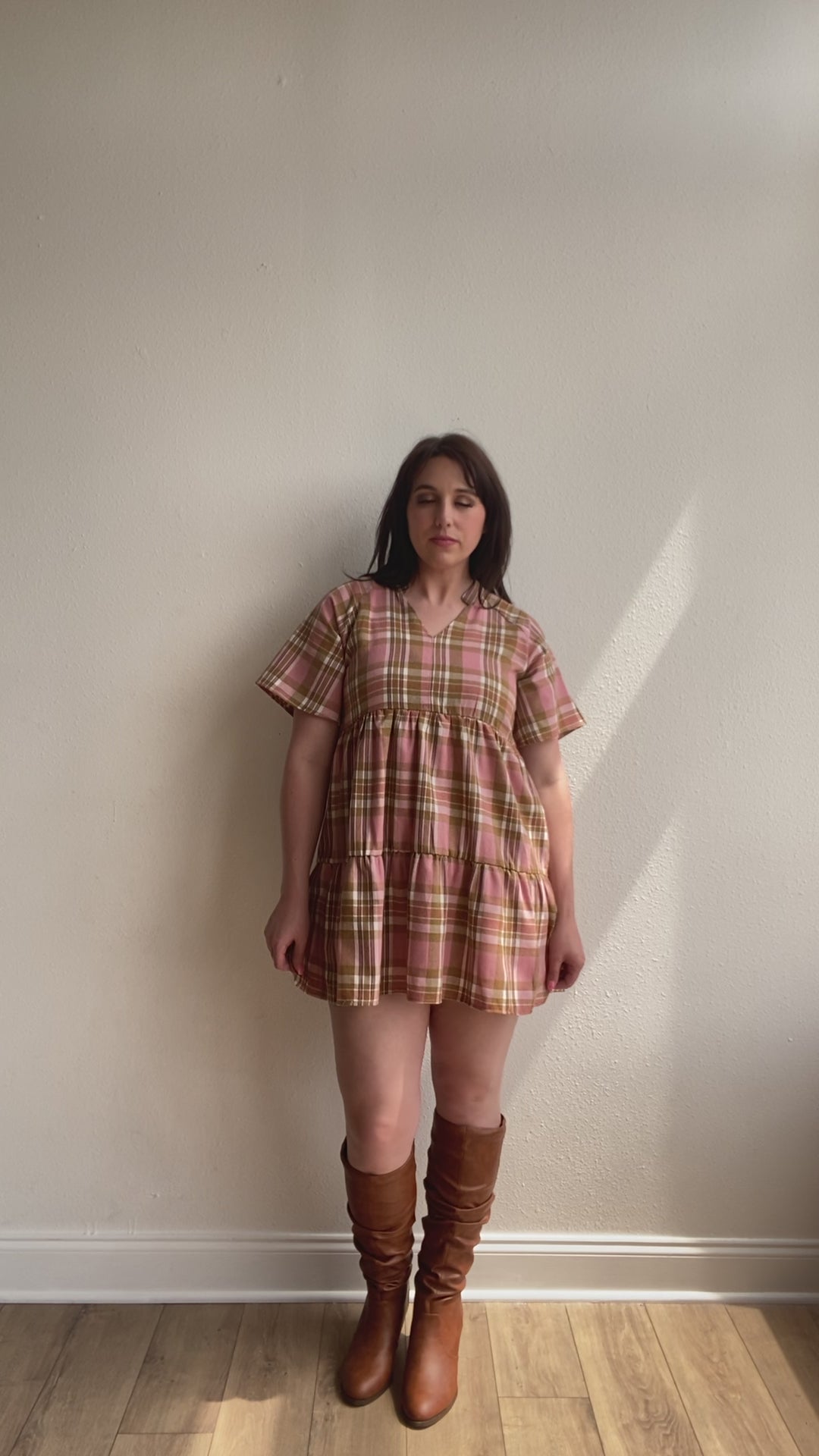 A Walked Through the Leaves Plaid Flutter Sleeve Dress