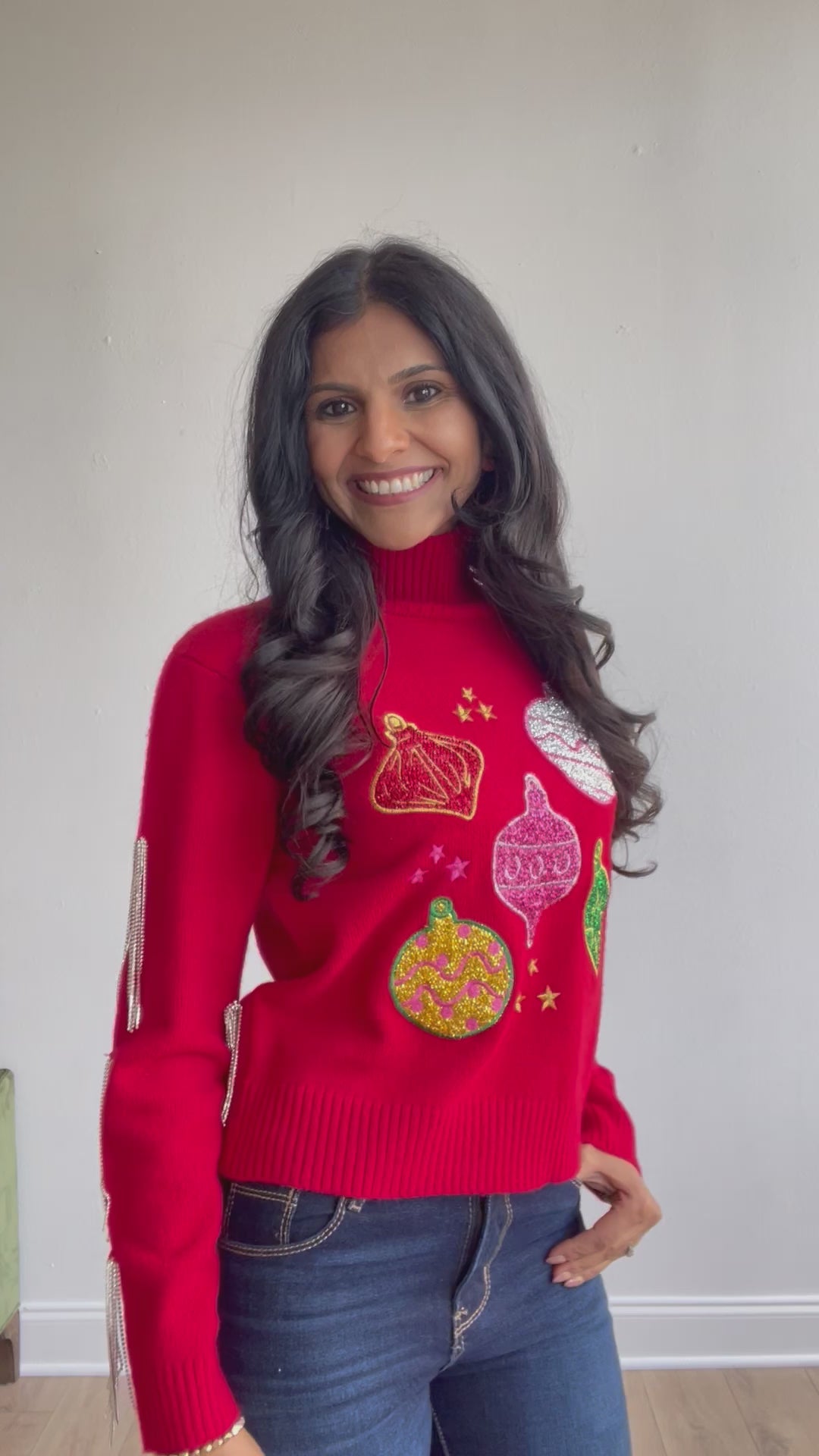 Red Ornaments Sweater with Fringe Sleeves