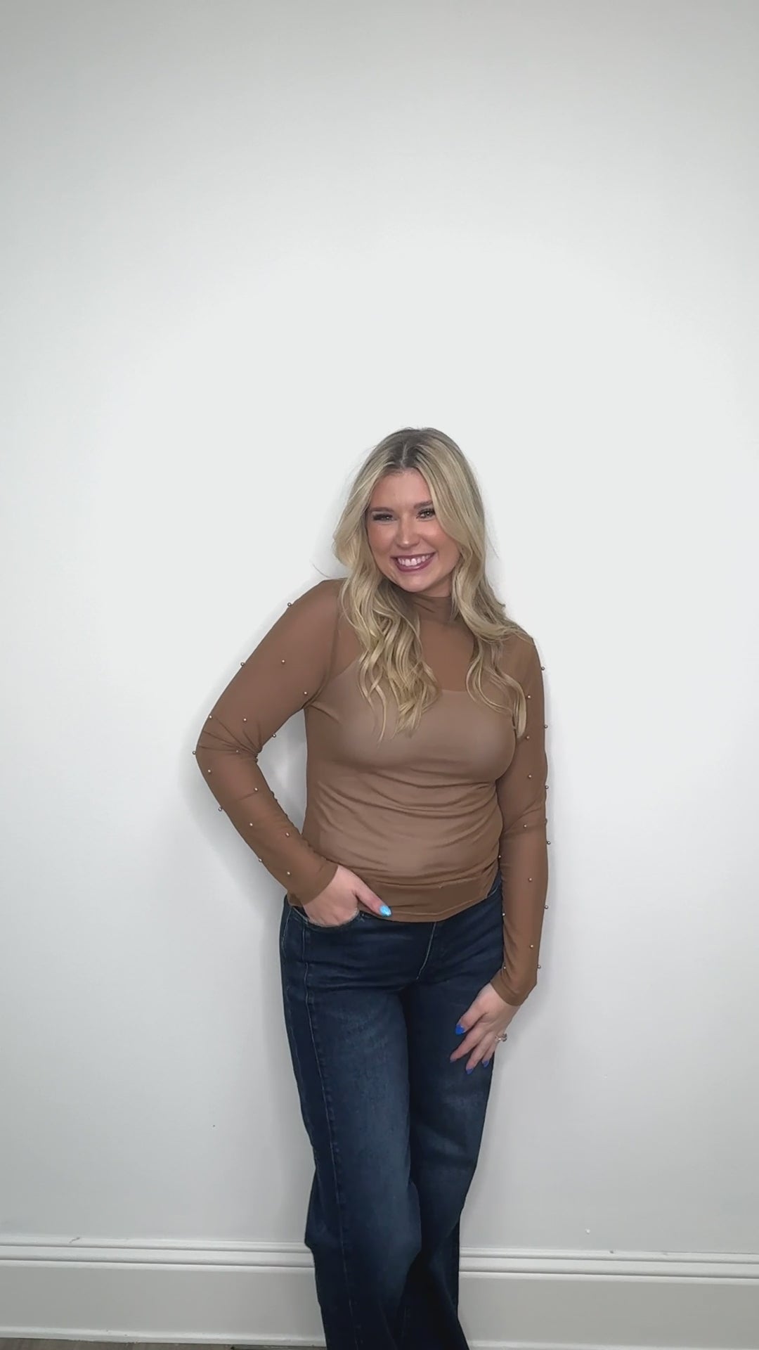 Mock Neck Mesh Top with Pearl Detail, Brown