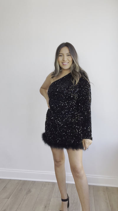 Feathered Opulence Sequin Dress in Black