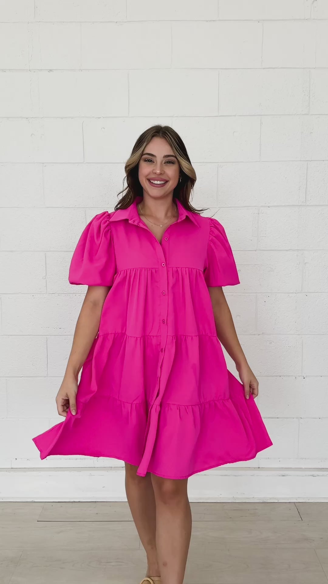Hot Pink Puff Sleeve Button-Up Dress