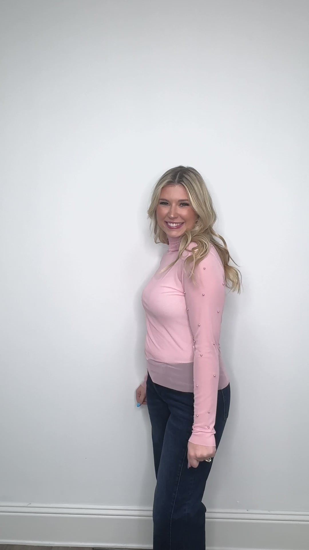 Mock Neck Mesh Top with Pearl Detail, Pink