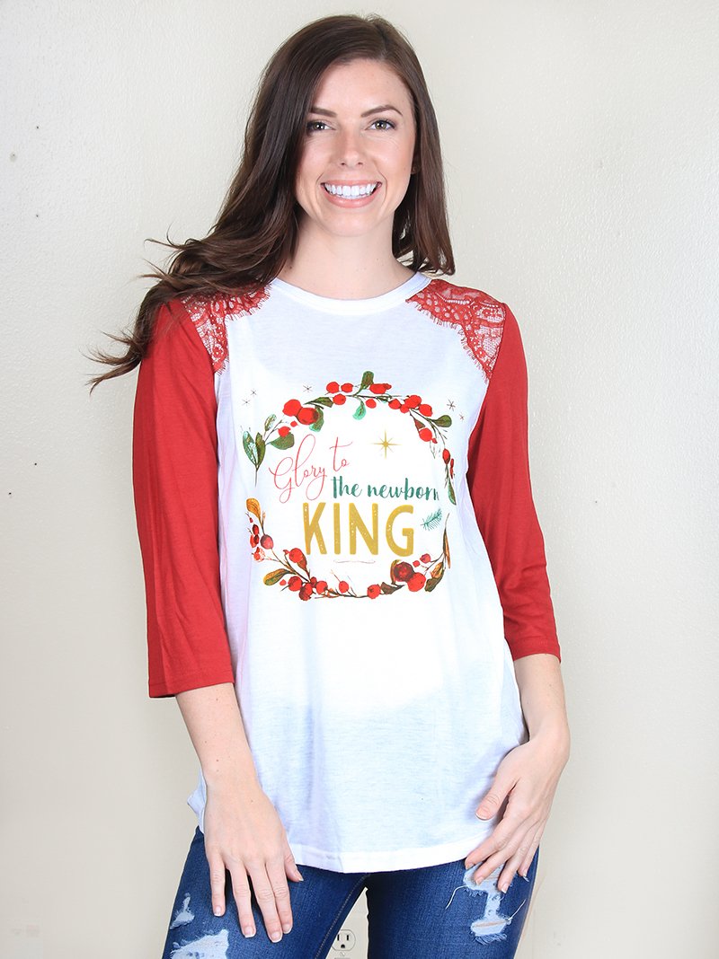 Glory to the Newborn King on White & Red Raglan with Lace Accent