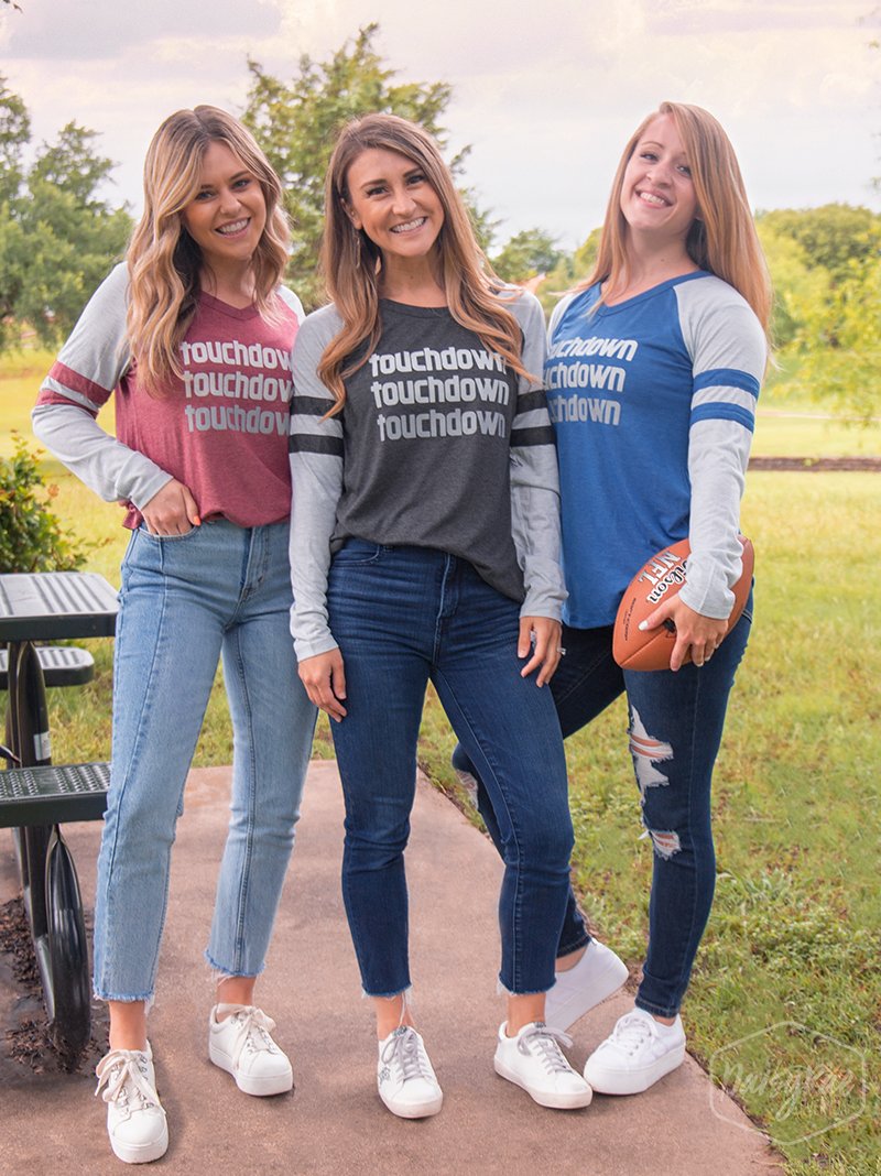 Touchdown Touchdown Touchdown on Maroon Longsleeve Tee with Grey Sleeves & Varsity Stripe