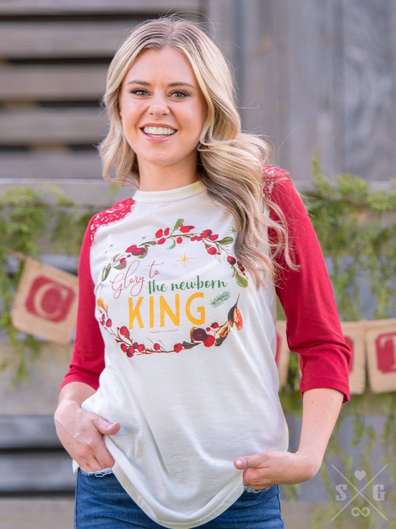 Glory to the Newborn King on White & Red Raglan with Lace Accent