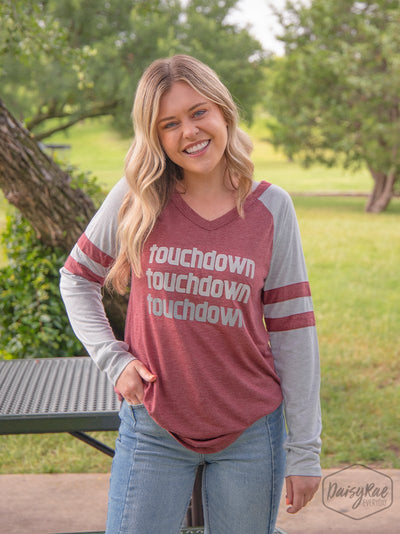 Touchdown Touchdown Touchdown on Maroon Longsleeve Tee with Grey Sleeves & Varsity Stripe