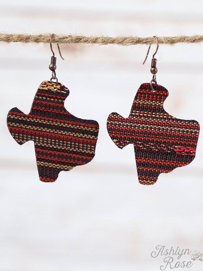 Black Serape Texas Leather Earrings, Copper