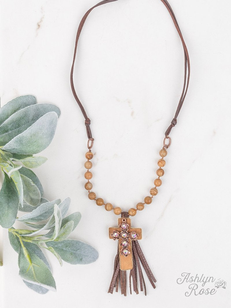 Layered Cross Leather Strap Necklace with Cross Pendant & Leather Tassel