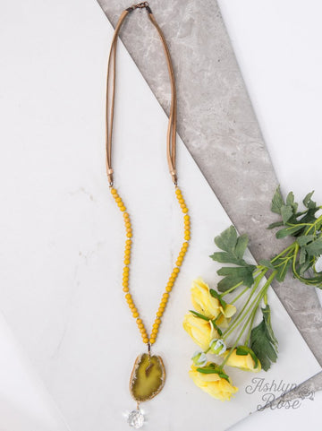 Burst of Sunshine Matte Mustard Beaded Necklace with Natural Stone Pendant & Glass Charm