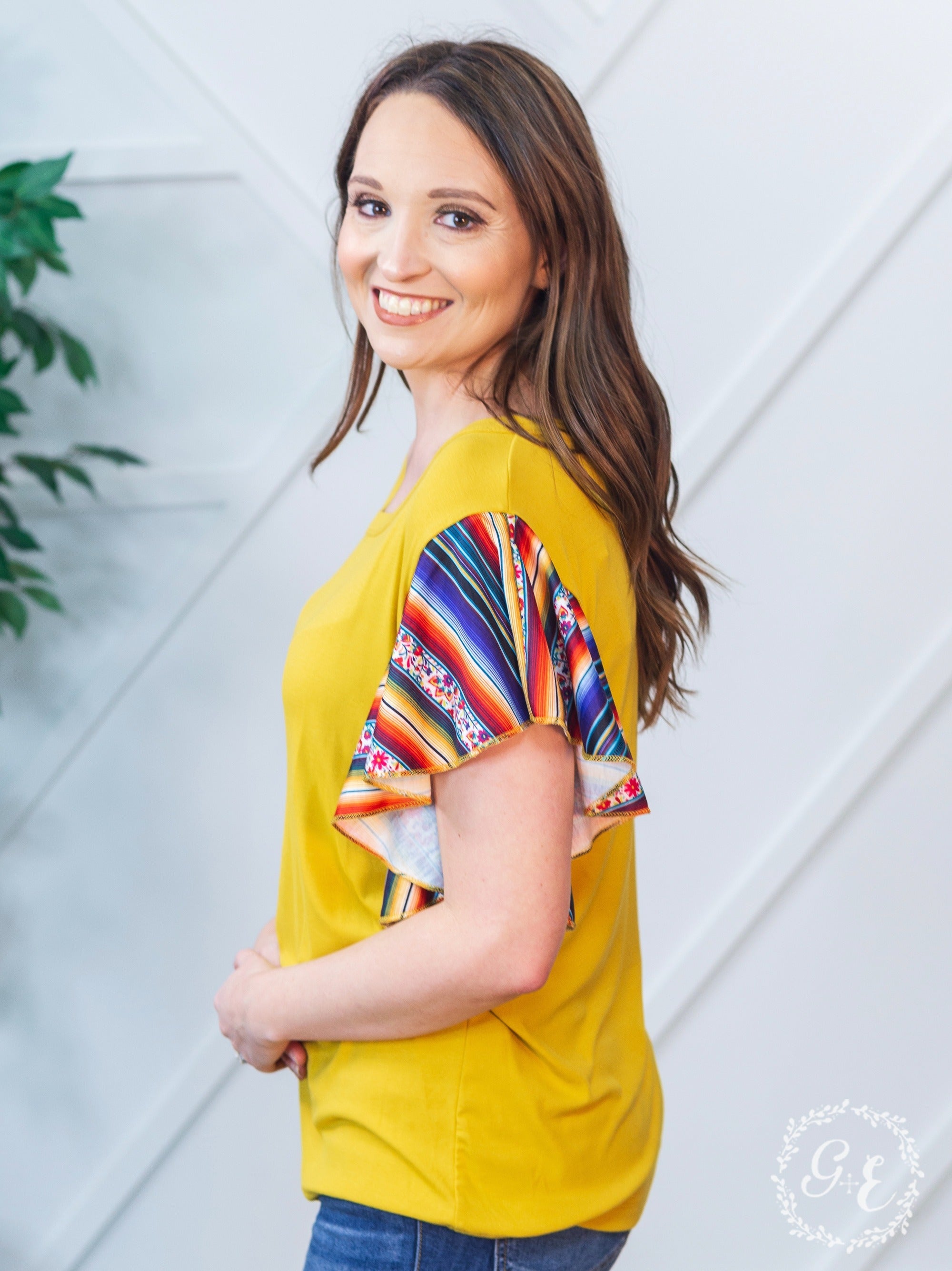 Serape Sunrise Mustard Ruffle Top