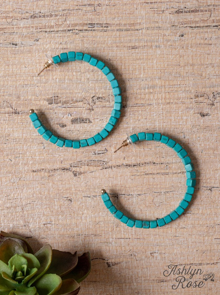 BLAME IT ON MY ROOTS TURQUOISE SQUARE BEADED HOOPS