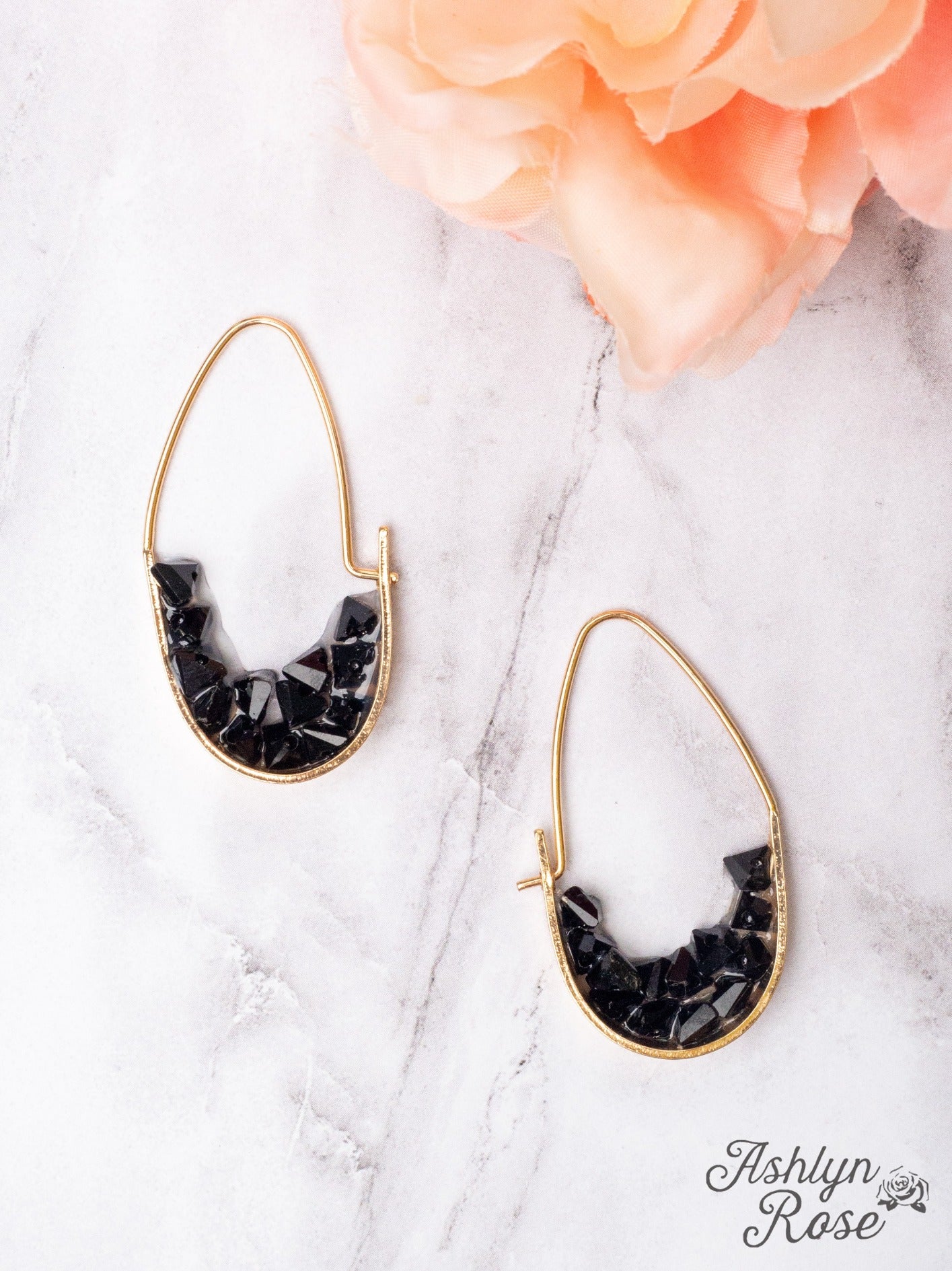 Stone Cluster Oval Hoop Earrings, Black