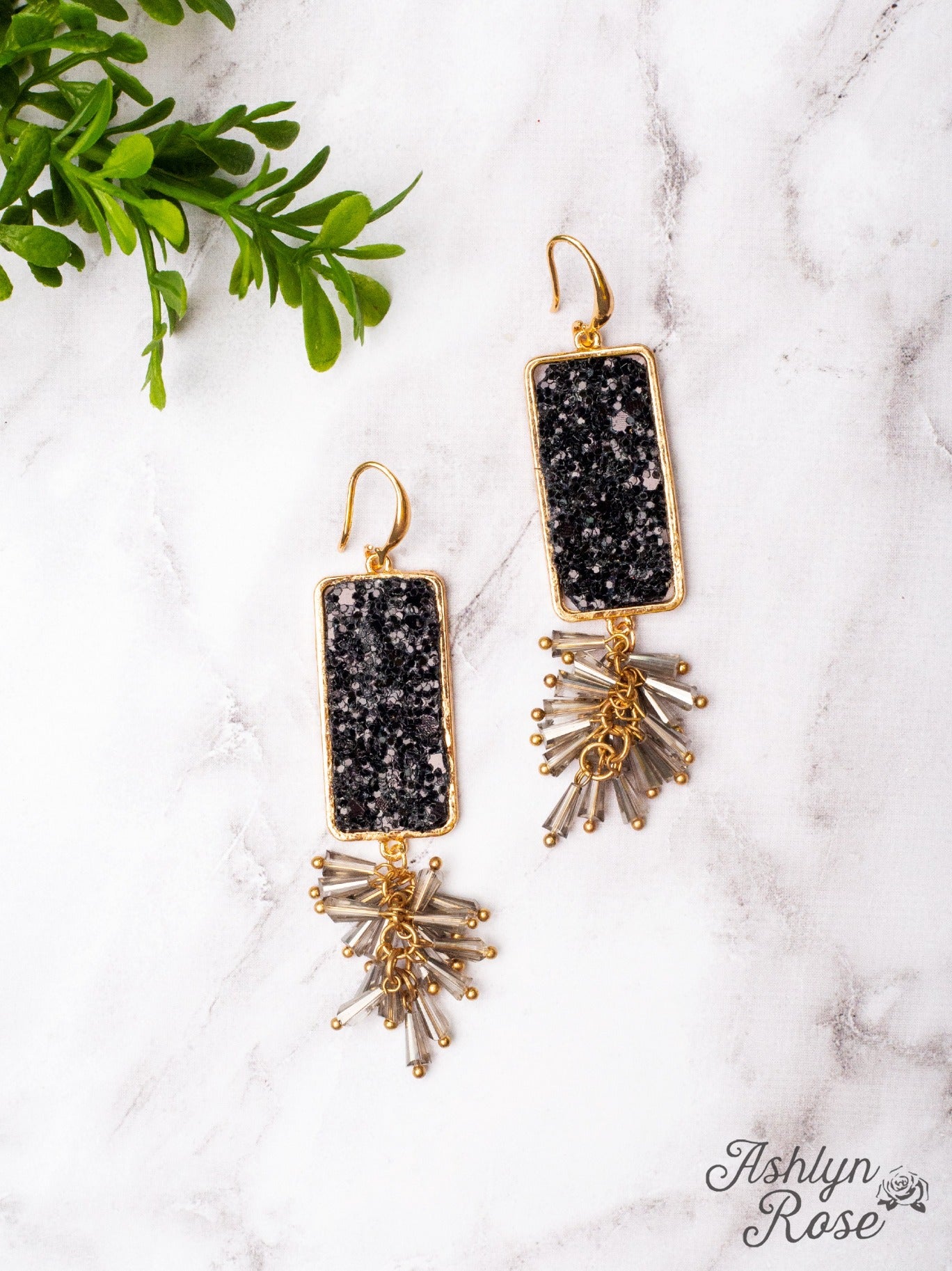 Black Crystal Rectangle Dangle Earrings