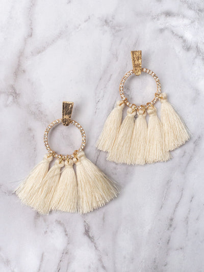 Spring Blossom Elegance: Beige Tassel Circlet Studs