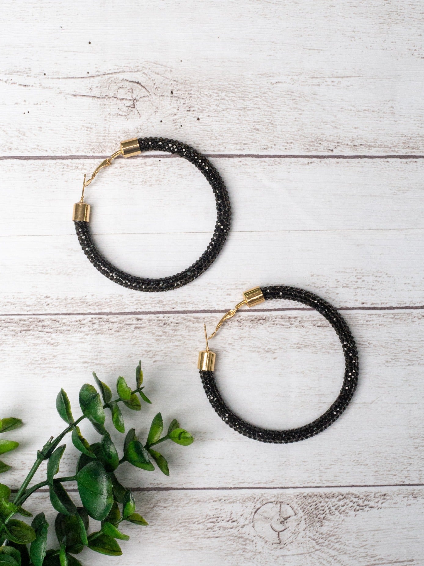 LET'S GO GIRLS BLACK CRYSTAL HOOP EARRINGS