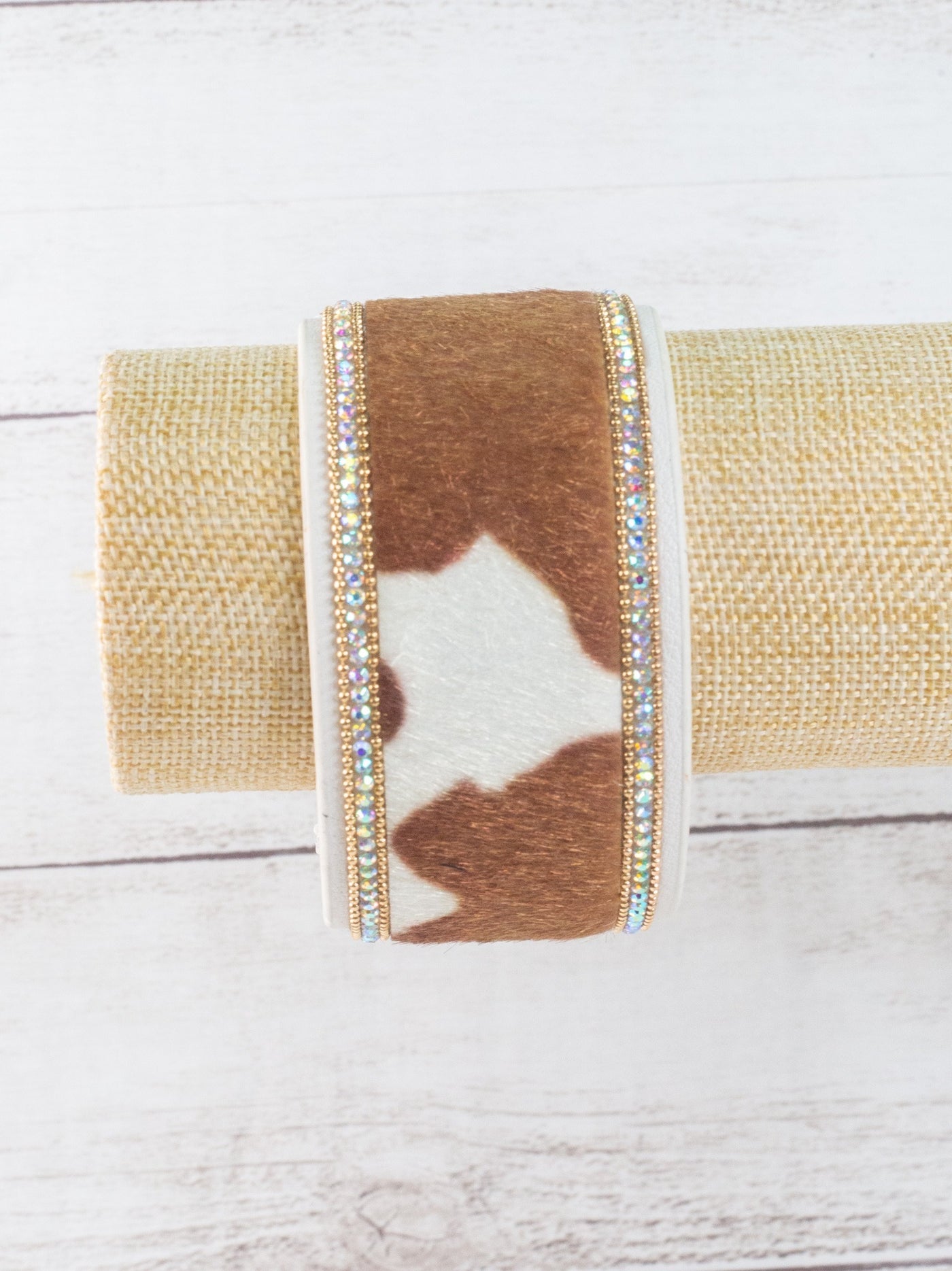 Let's Dance, Cowboy White Brown Cowhide Crystal Cuff Bracelet