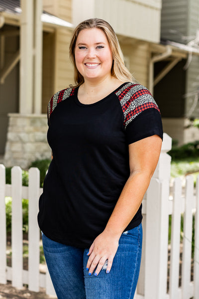 You Can't Sleeve Me Alone Black Short Sleeves T-Shirt with Leopard and Red Checkers