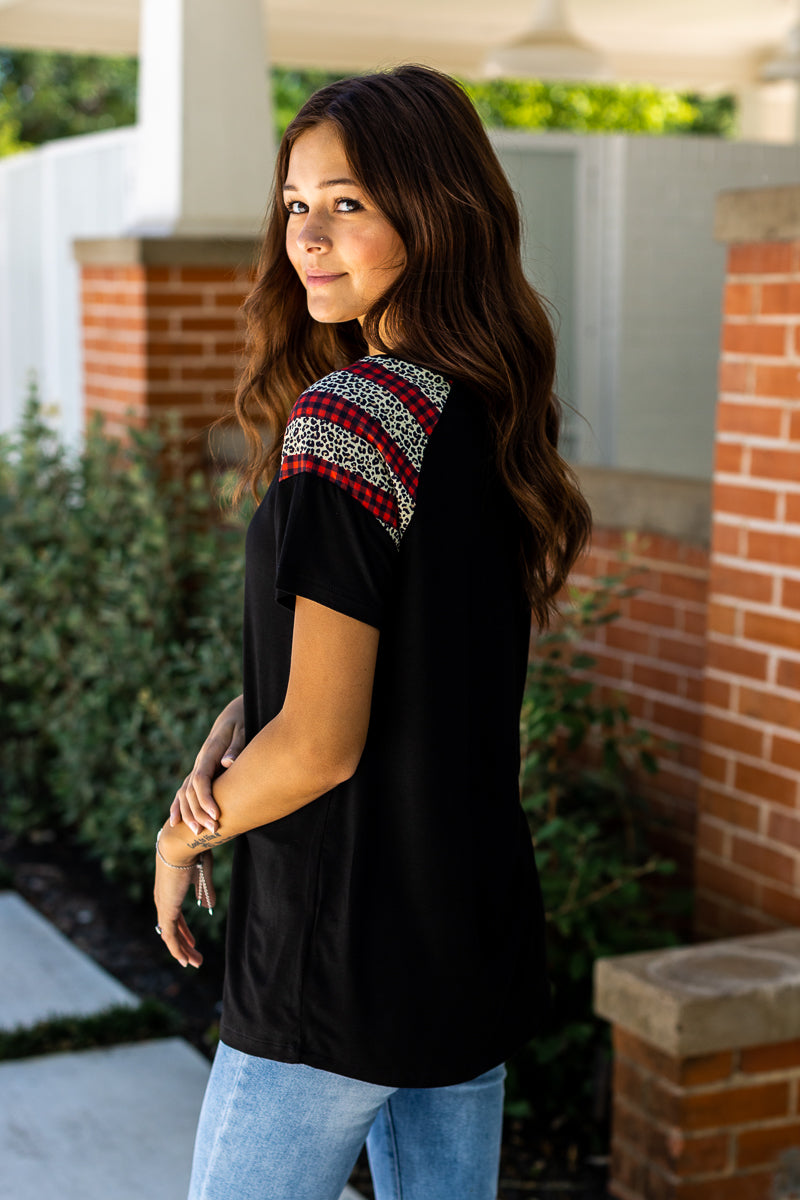 You Can't Sleeve Me Alone Black Short Sleeves T-Shirt with Leopard and Red Checkers