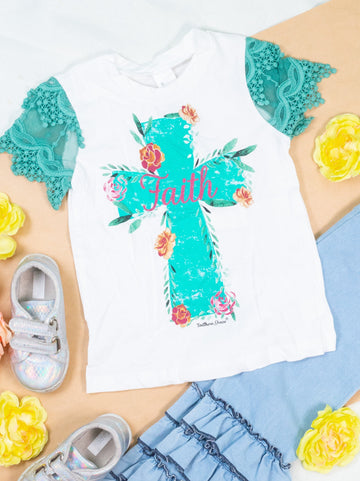 Girls Turquoise Faith Cross on White Short Lace Sleeve