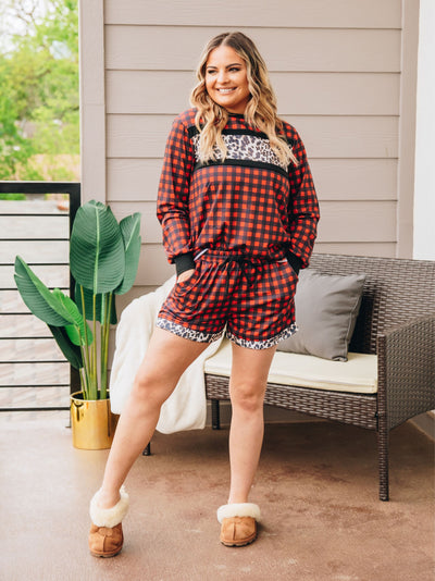 Stylin' in Buffalo Plaid Loungewear Set with Shorts and Leopard