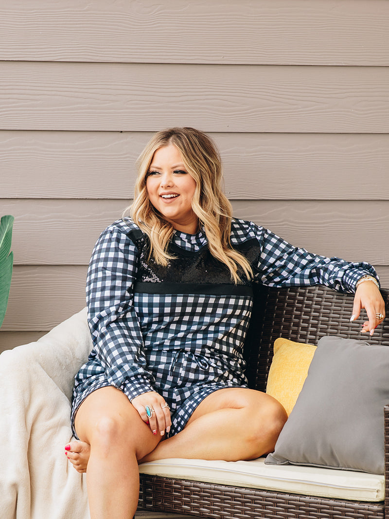 Stylin in Gingham Loungewear Set with Shorts and Sequins