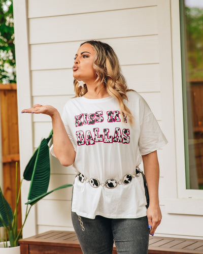 Kiss My Dallas on Oversized Tee with Slit in White