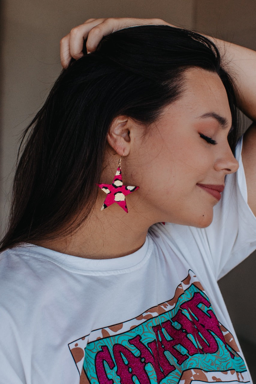 Shine bright, fuchsia star cowhide earring