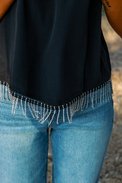 Simply Perfect Black Halter Top with Rhinestone Fringe