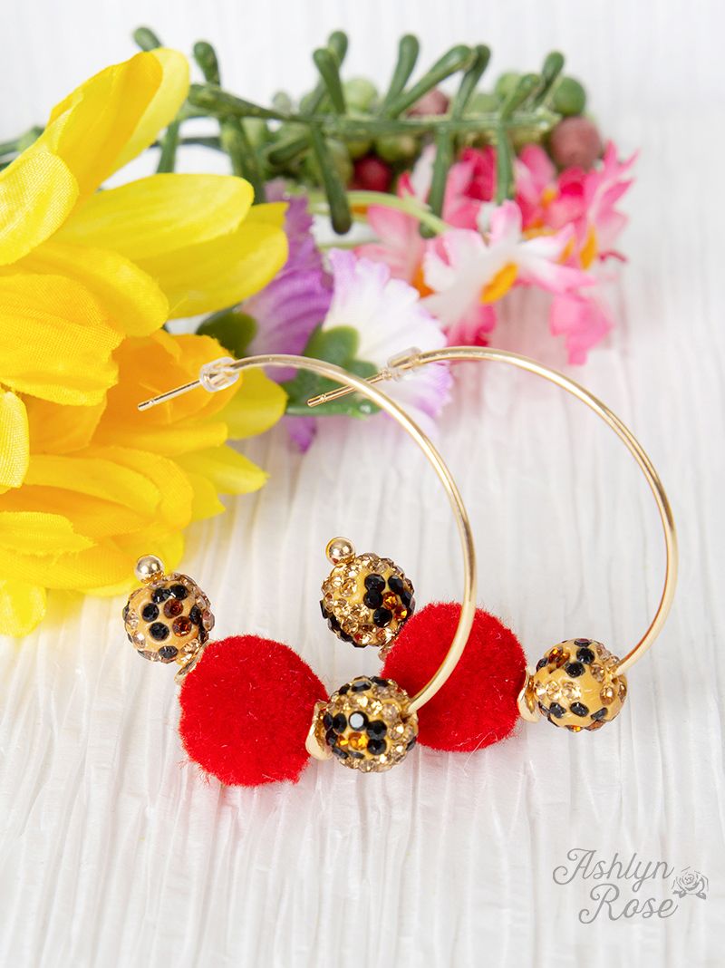 Fuzzy Leopard Hoop Earrings, Red