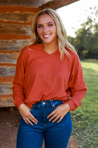 On The Down Low Waffle Knit Top in Rust