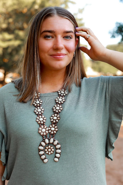 Let's Go To The Stockyards Cream Howlite Squash Blossom Copper Navajo Pearl Necklace