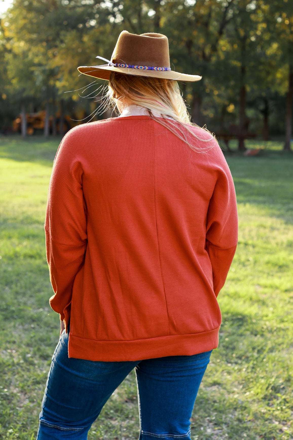 On The Down Low Waffle Knit Top in Rust