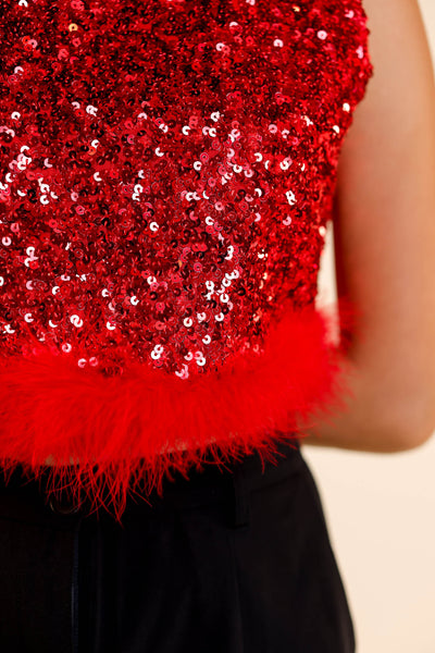 Feather or Not Sequin Crop with Feather Trim, Red