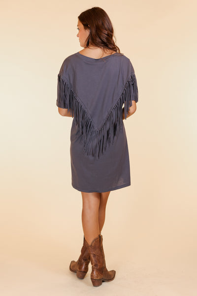 Fringe T-Shirt Dress, Grey