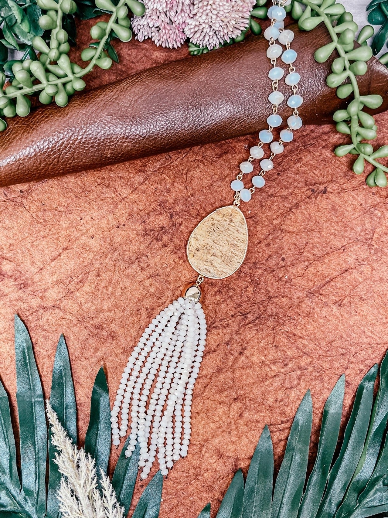 Sticks and stones white tassel beaded necklace