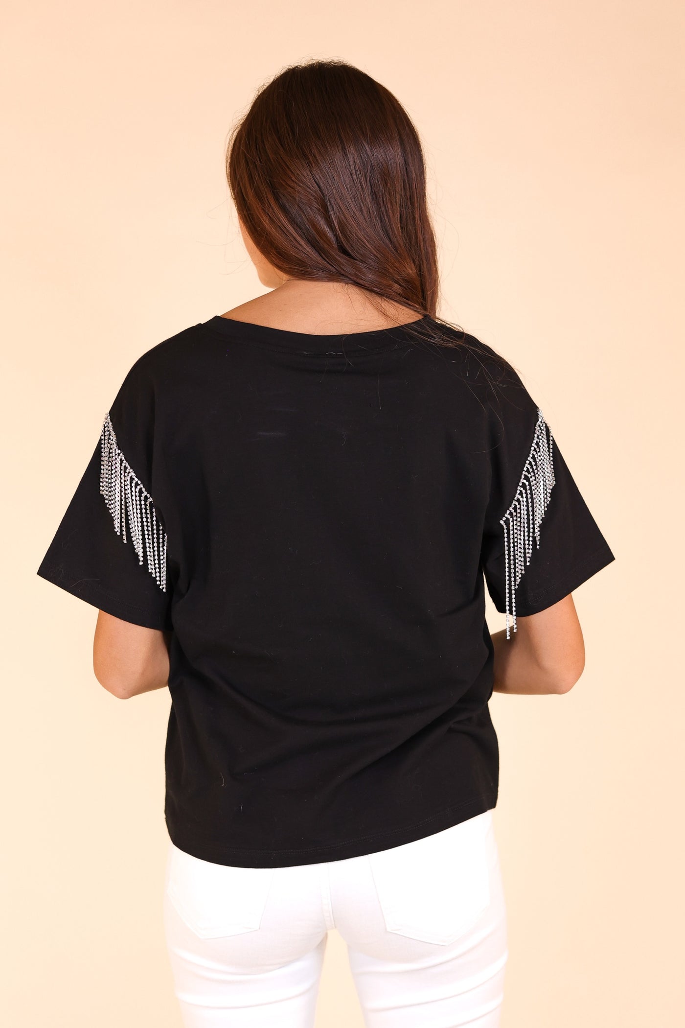 Glitzy Gal Black Tee With Rhinestone Fringe