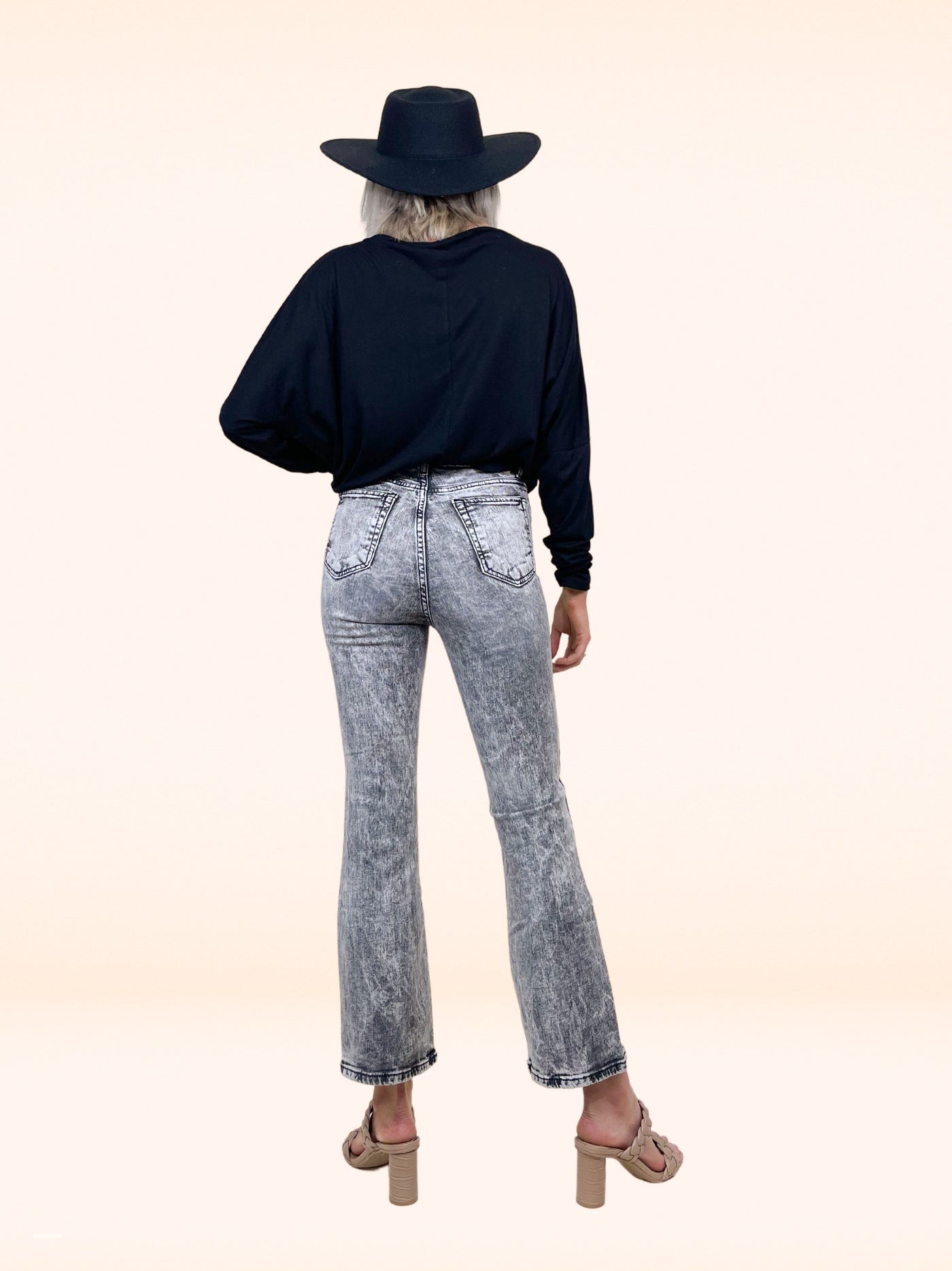 The Blake Stone Wash Mid Rise Distressed Crop Flare