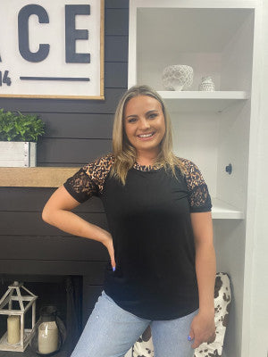 Lovely Lace Black Top with Leopard Sleeve