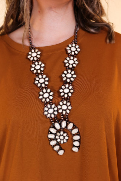 Let's Go To The Stockyards Cream Howlite Squash Blossom Copper Navajo Pearl Necklace