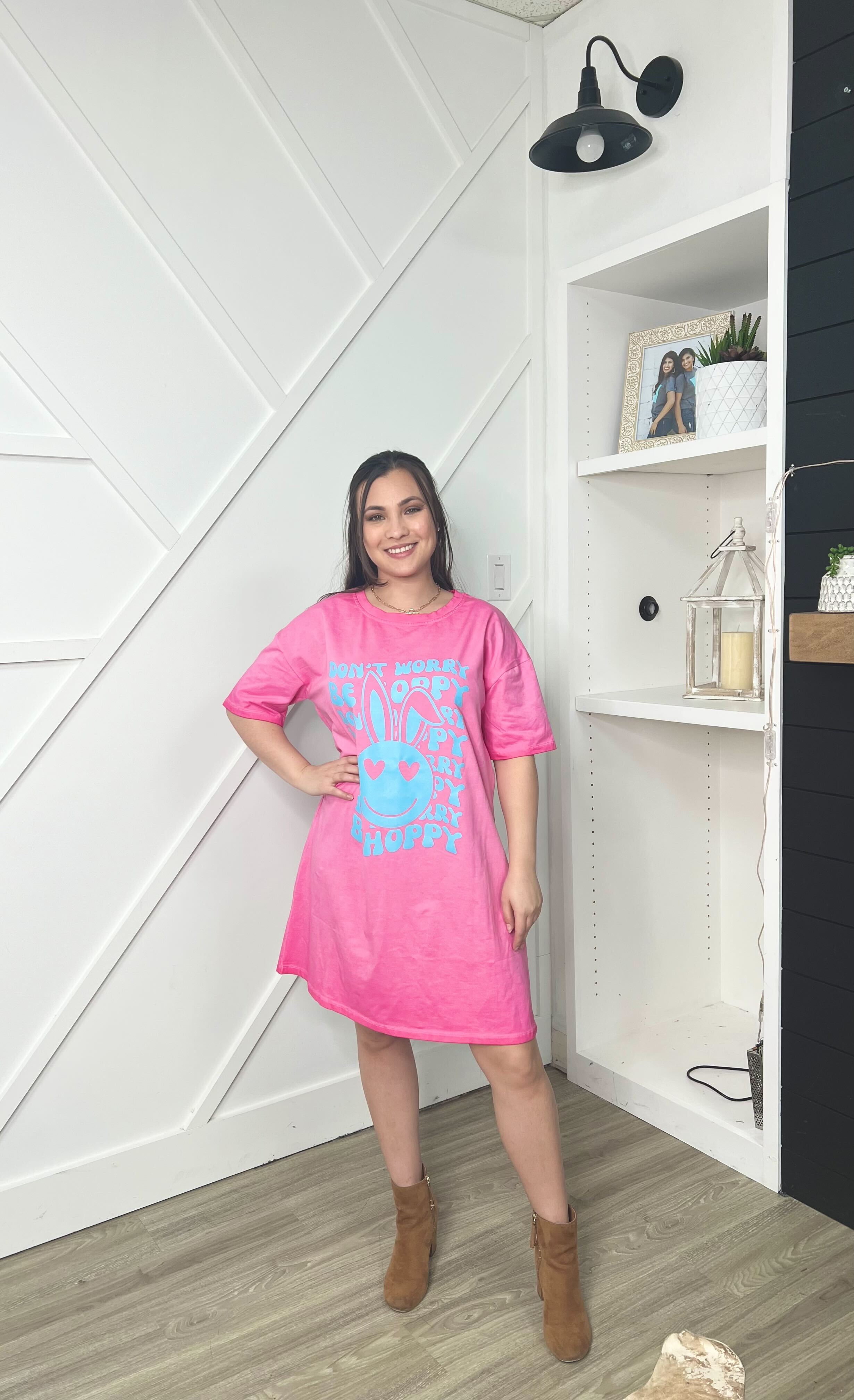Don't Worry Be Hoppy on Pink T-Shirt Dress