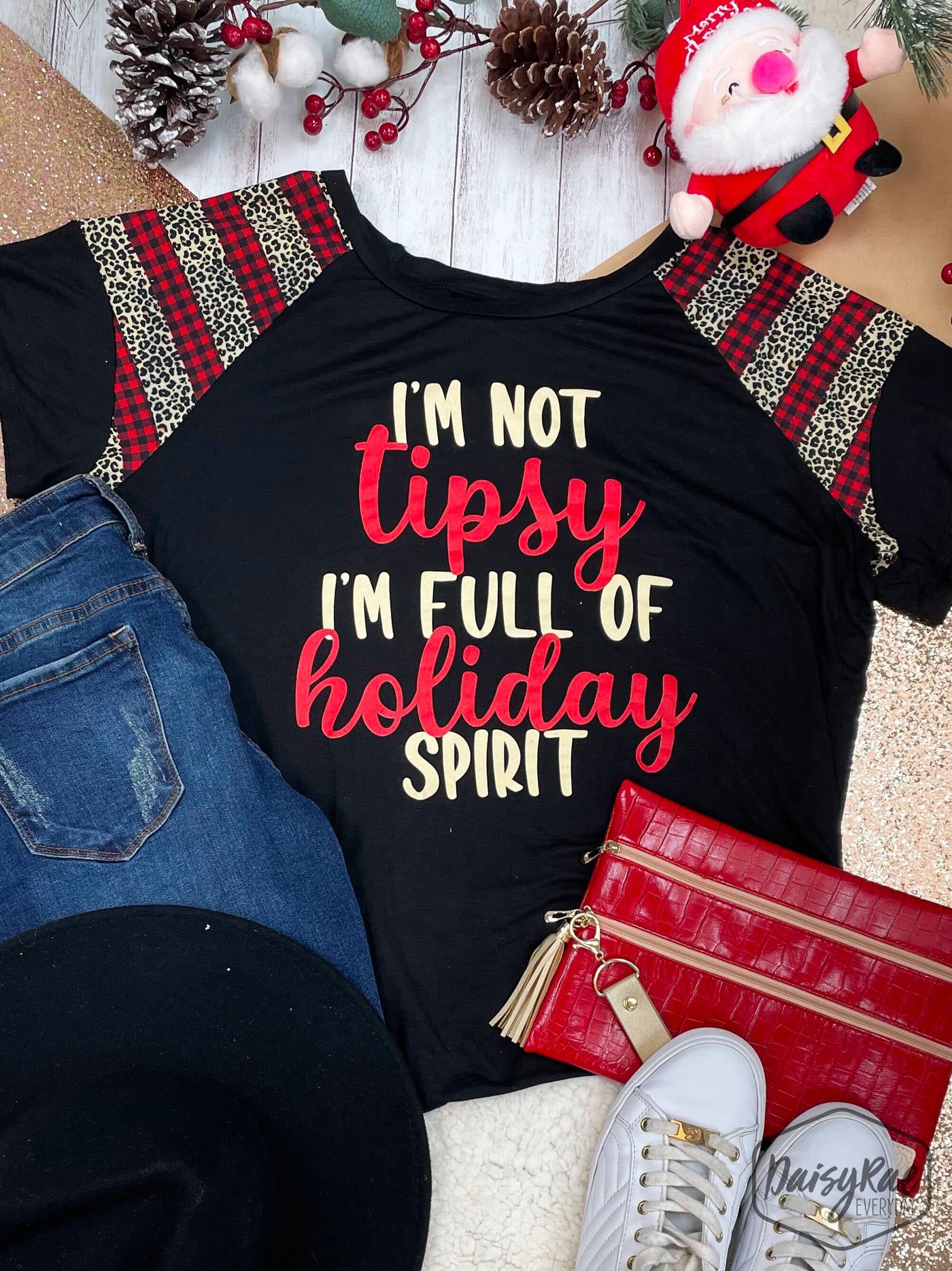 I'm not Tipsy I'm Full of Holiday Spirit on You Can't Sleeve Me Alone Black Short Sleeves Tee with Leopard and Red Checkers