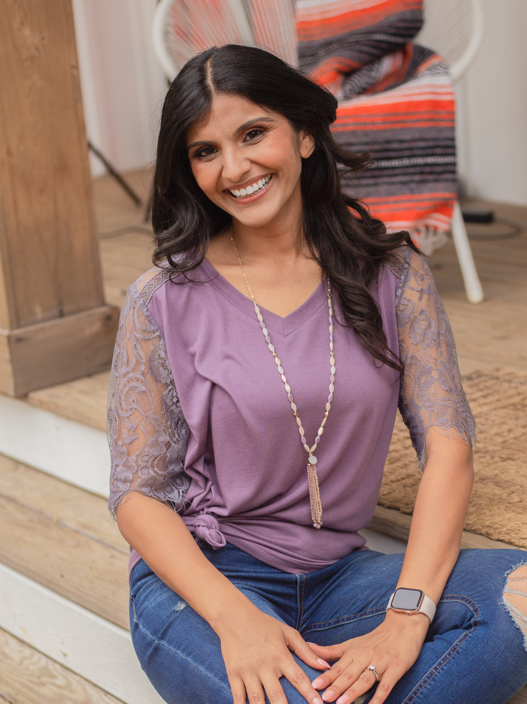 Montana Moon V-Neck Lace Short Sleeve Top in Charcoal Purple