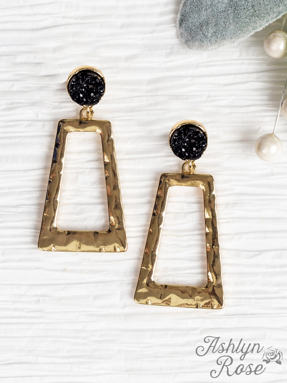 Gold Rectangular Hoops with Druzy Stud, Black