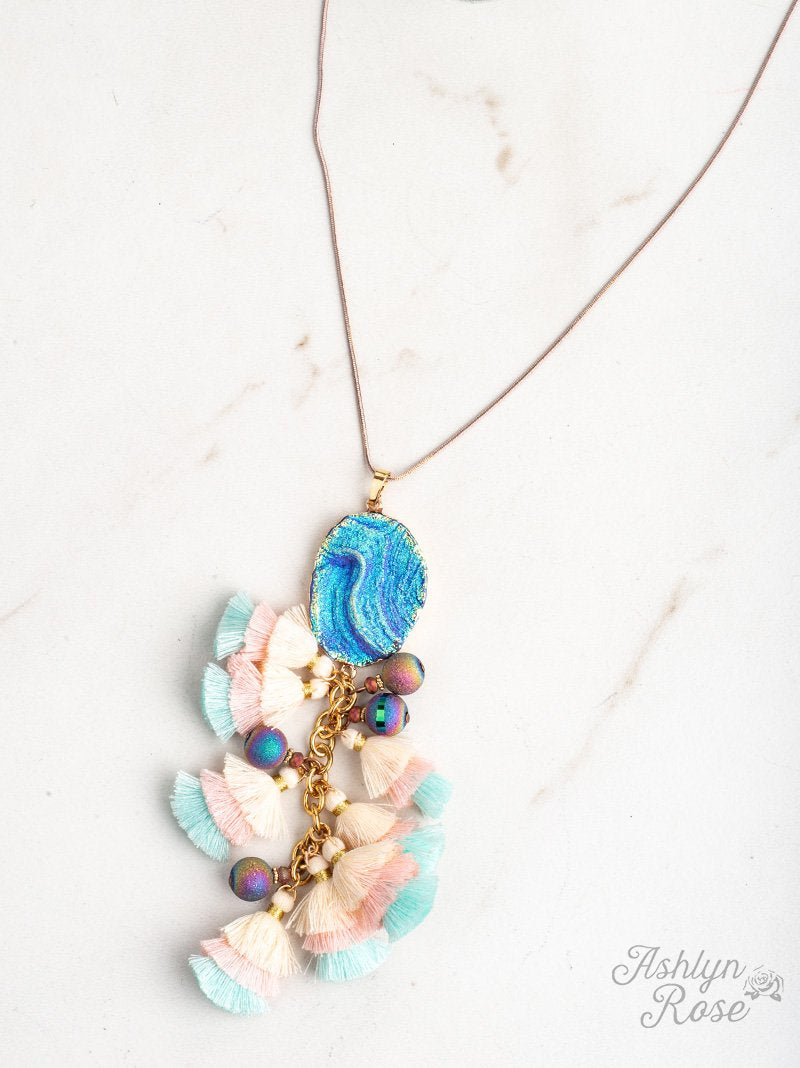 Under the Sea Necklace with Pastel Tassels & Ocean Blue Stone Pendant