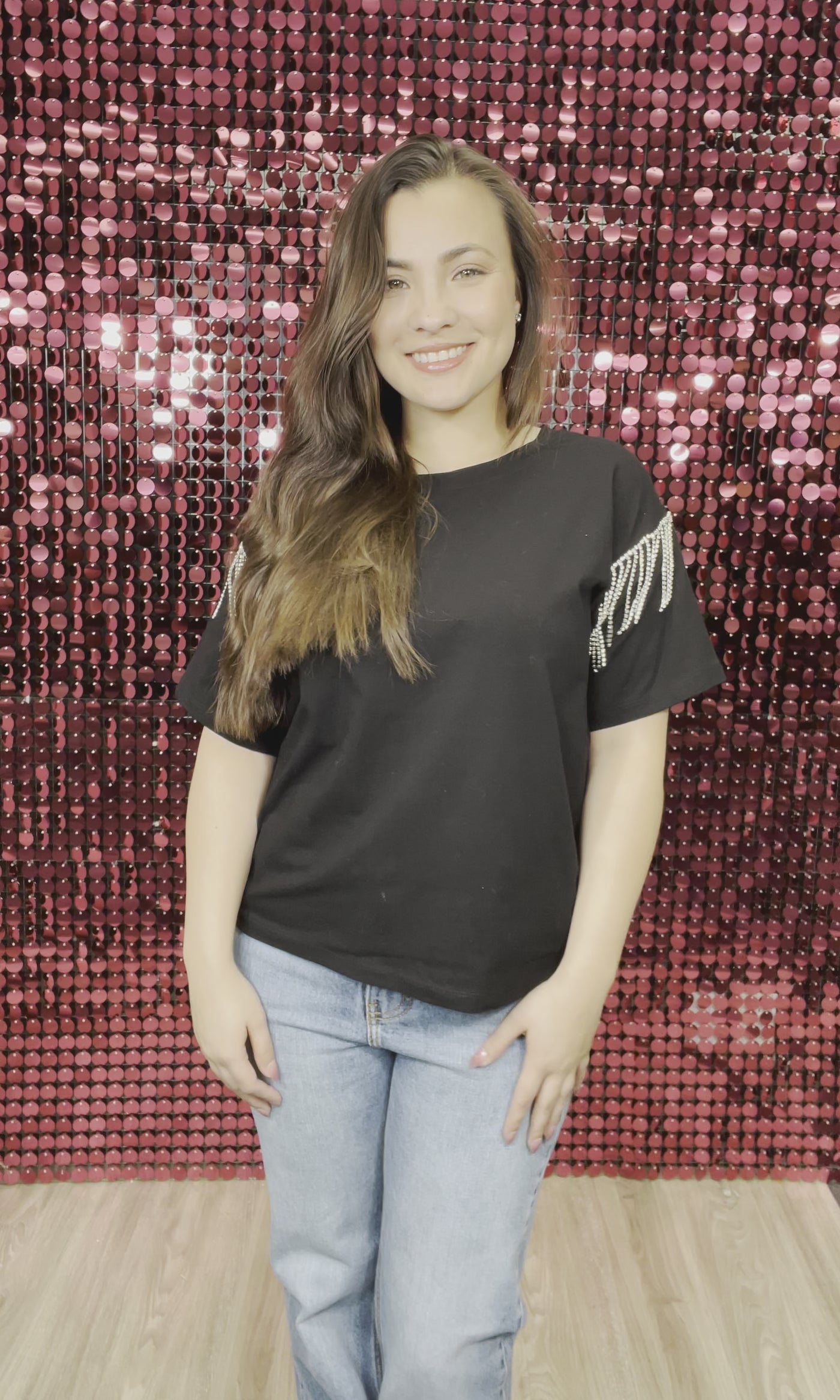 Glitzy Gal Black Tee With Rhinestone Fringe